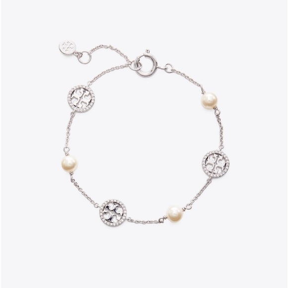Tory Burch Crystal Faux Pearl Logo Bracelet Silvertone 7.4” - Picture 6 of 6